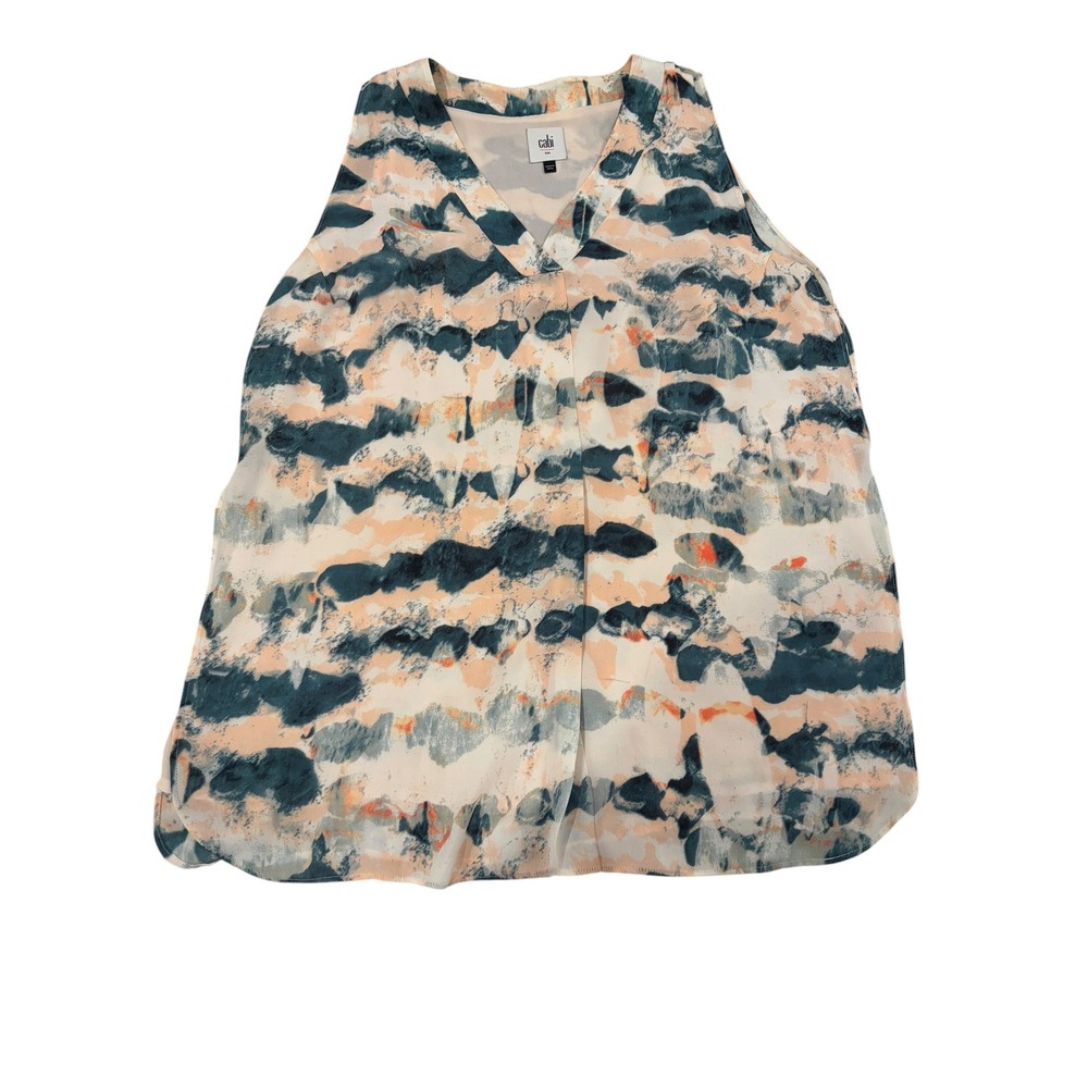 Cabi Women Sleeveless V-Neck Watercolor Abstract Print Blouse 5035 Peach Teal S